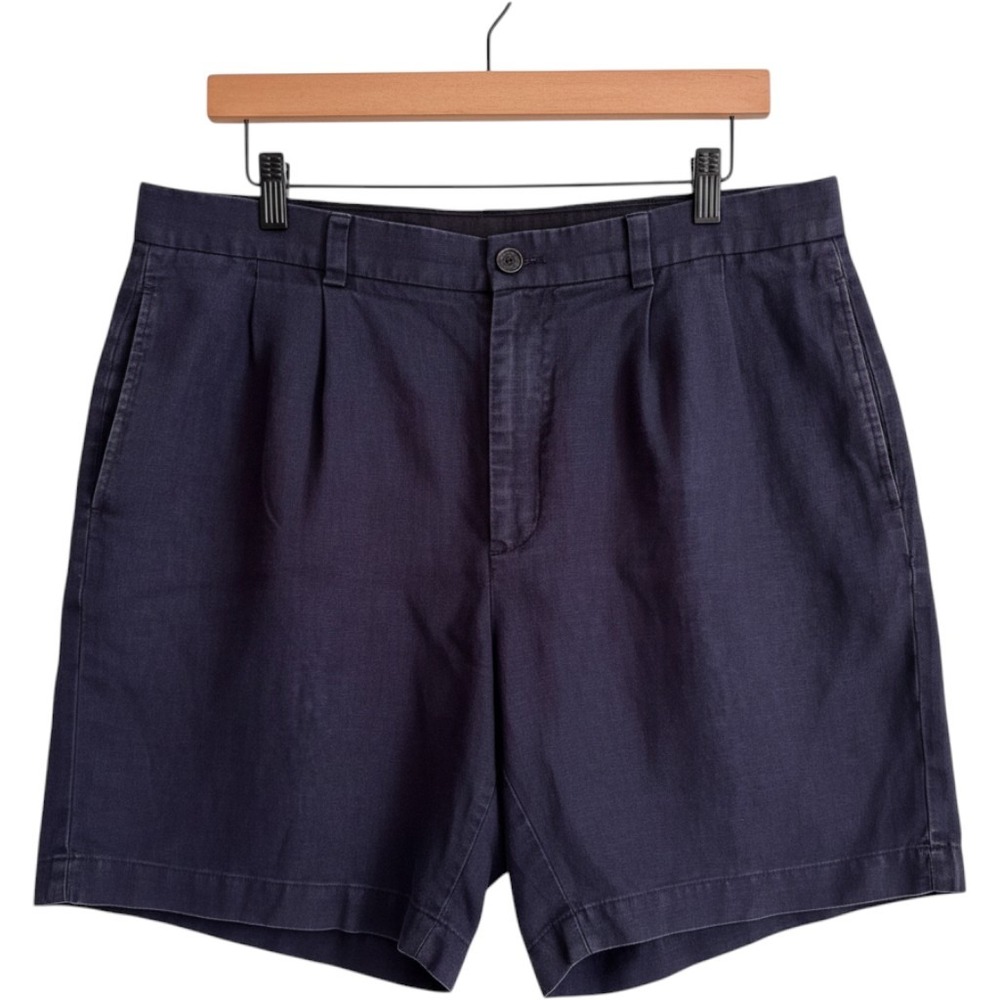 Brooks Brothers 346 Mens Navy Blue 100% Linen Pleated Shorts Size 36